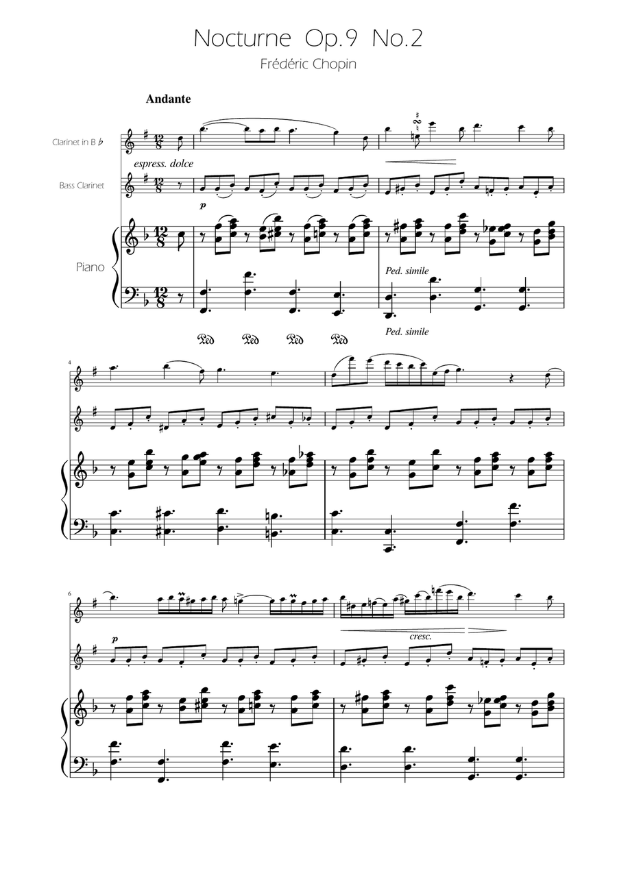 Chopin - Nocturne op.9 No.2 - Clarinet and Bass Clarinet Duet Clarinet Duet scores gallery preview page 1