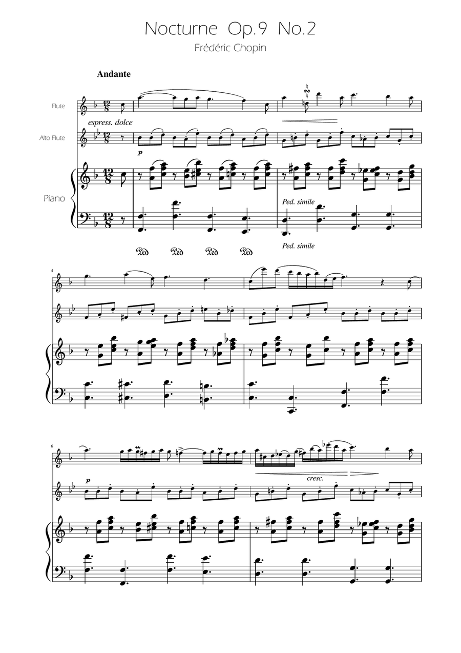 Chopin - Nocturne op.9 No.2 - Flute and Alto Flute Duet Flute Duet scores gallery preview page 1