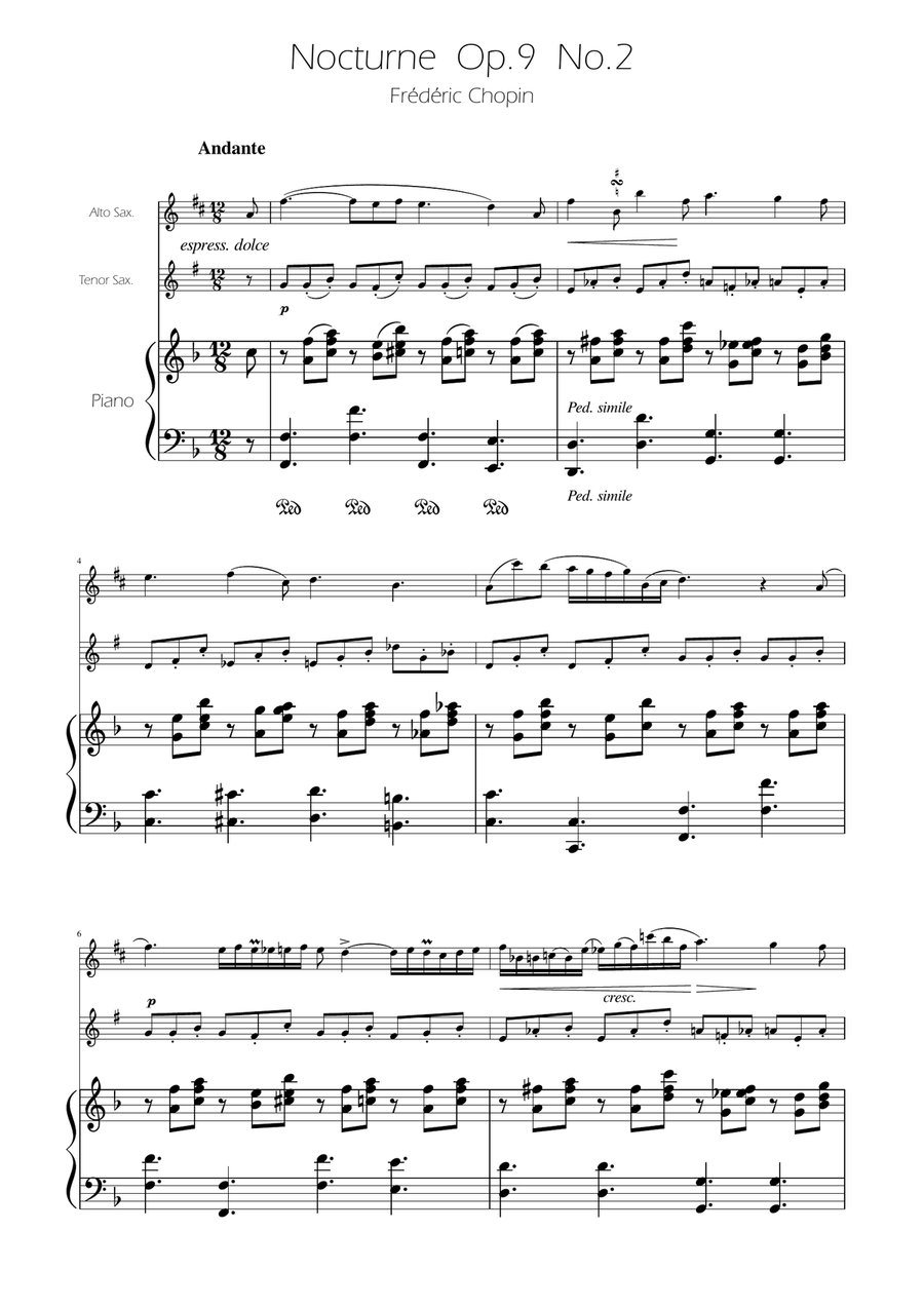Chopin - Nocturne op.9 No.2 - Sax Duet AT Woodwind Duet scores gallery preview page 1
