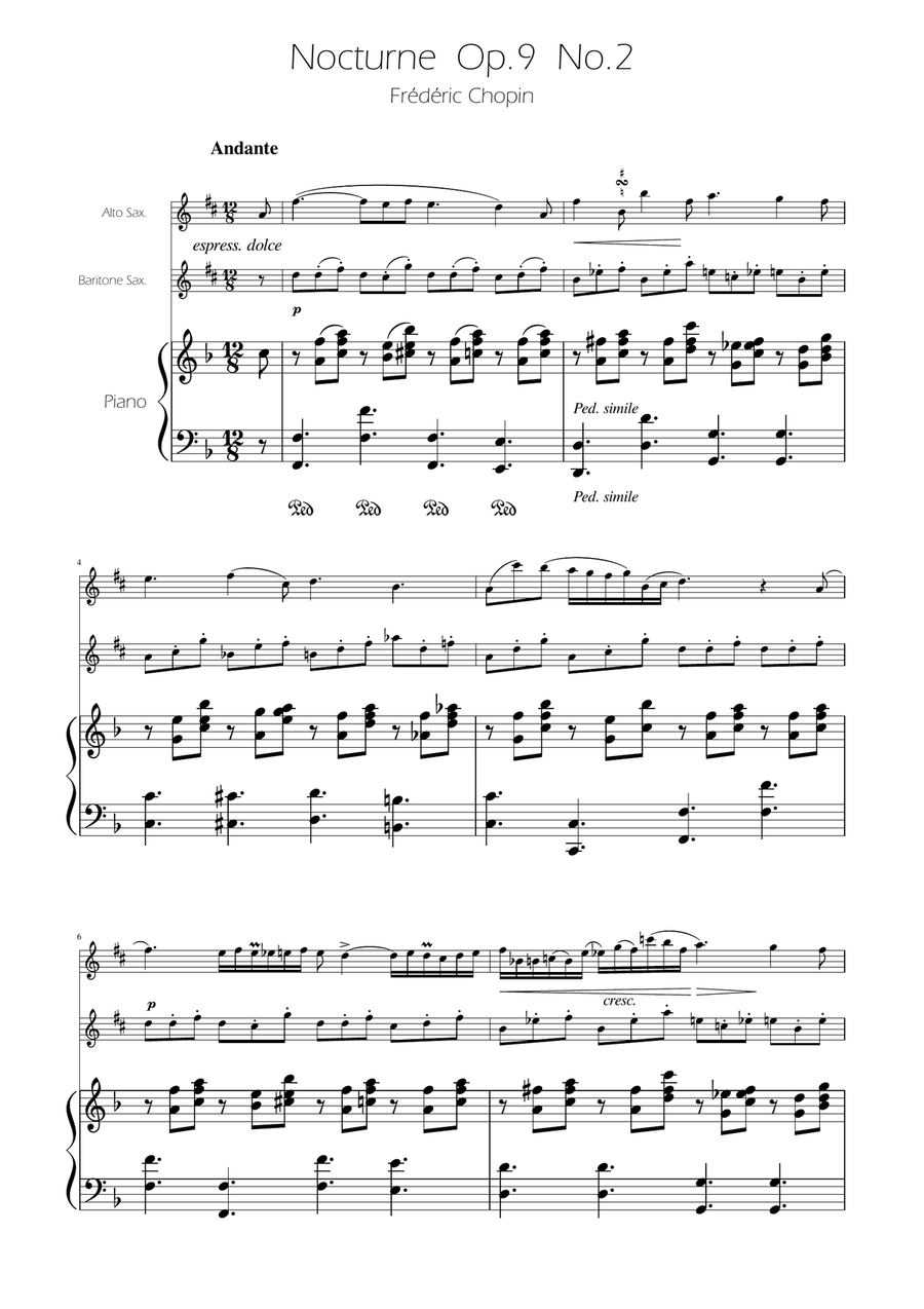 Chopin - Nocturne op.9 No.2 - Sax Duet AB Woodwind Duet scores gallery preview page 1