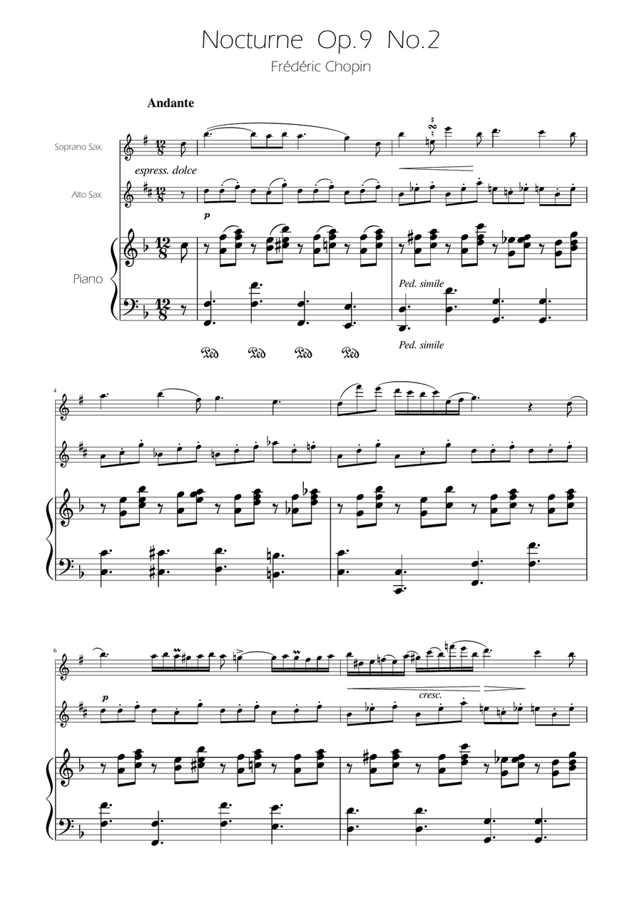 Chopin - Nocturne op.9 No.2 - Sax Duet SA SA scores gallery preview page 1