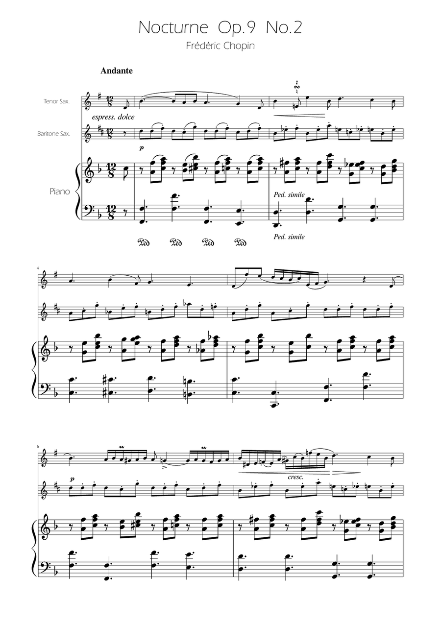 Chopin - Nocturne op.9 No.2 - Sax Duet TB Woodwind Duet scores gallery preview page 1