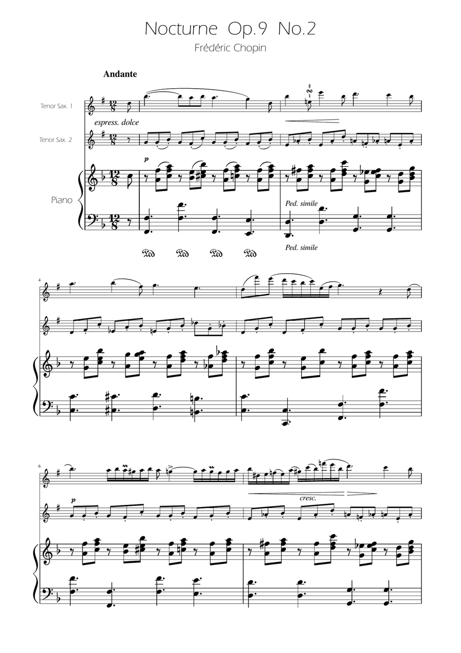 Chopin - Nocturne op.9 No.2 - Tenor Sax Duet Woodwind Duet scores gallery preview page 1
