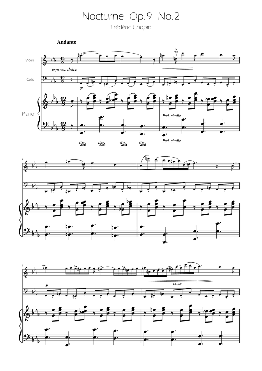 Chopin - Nocturne op.9 No.2 - Violin and Cello Duet Piano Trio scores gallery preview page 1