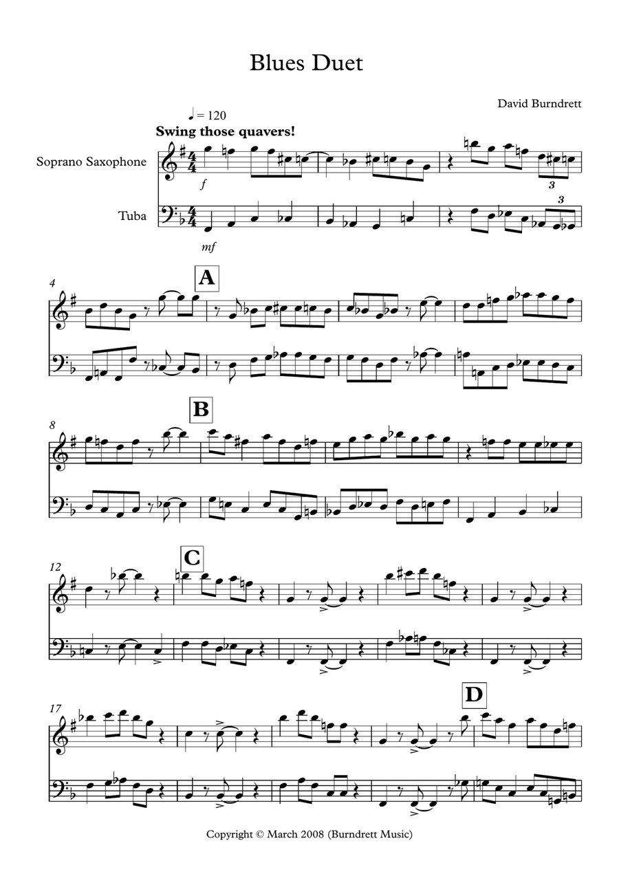 Blues Duet for Soprano Saxophone and Tuba Soprano Saxophone scores gallery preview page 1