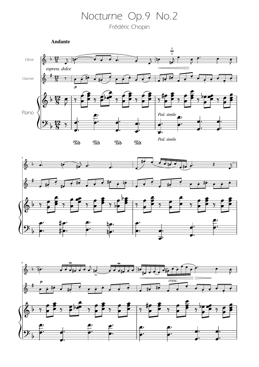 Chopin - Nocturne op.9 No.2 - Oboe and Clarinet Duet Woodwind Duet scores gallery preview page 1