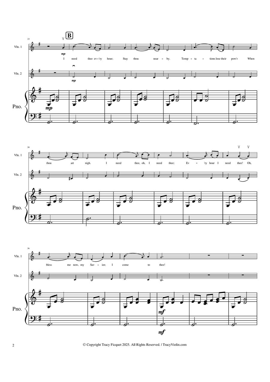 I Need Thee Every Hour - Arranged for 2 Violins (or Voice/Violin) and Piano String Duet scores gallery preview page 3