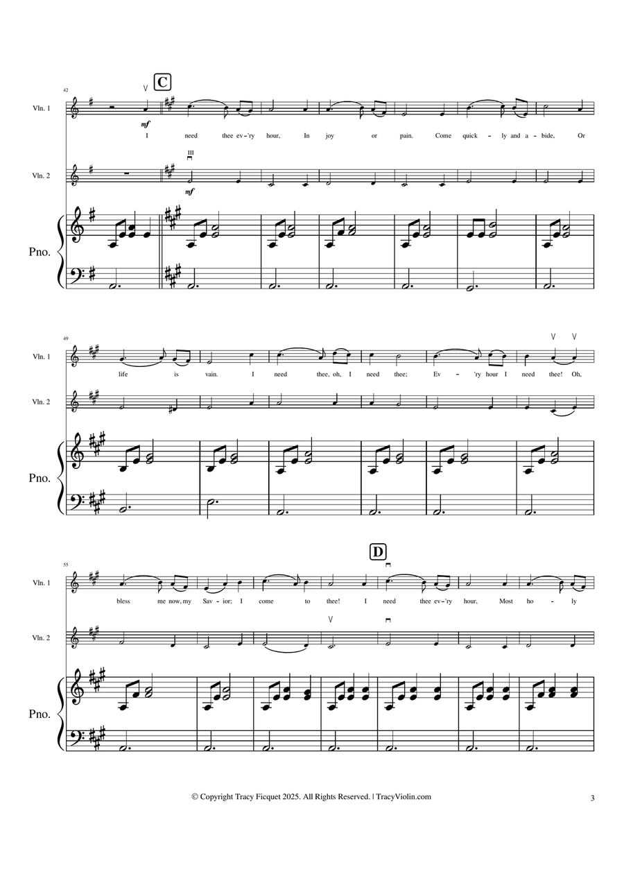I Need Thee Every Hour - Arranged for 2 Violins (or Voice/Violin) and Piano String Duet scores gallery preview page 4