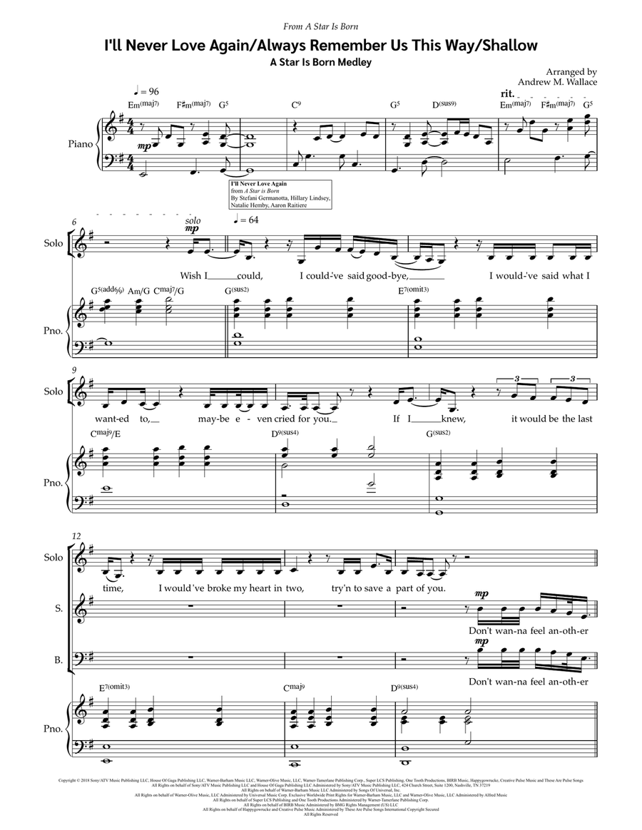 Medley: I'll Never Love Again with Always Remember Us This Way and Shallow 4-Part scores gallery preview page 1