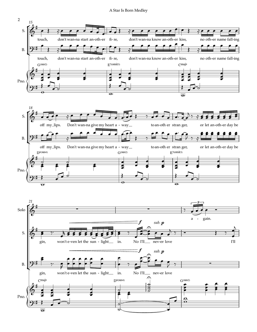 Medley: I'll Never Love Again with Always Remember Us This Way and Shallow 4-Part scores gallery preview page 2