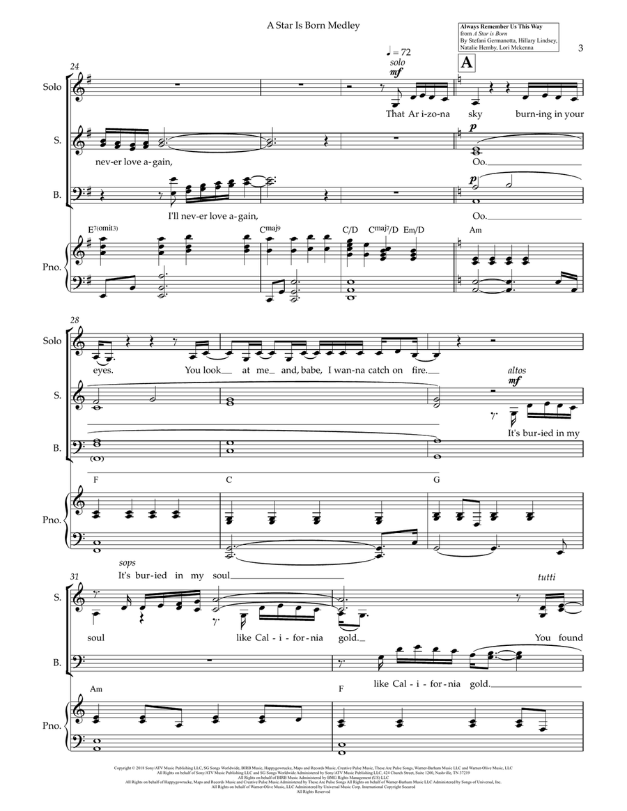 Medley: I'll Never Love Again with Always Remember Us This Way and Shallow 4-Part scores gallery preview page 3
