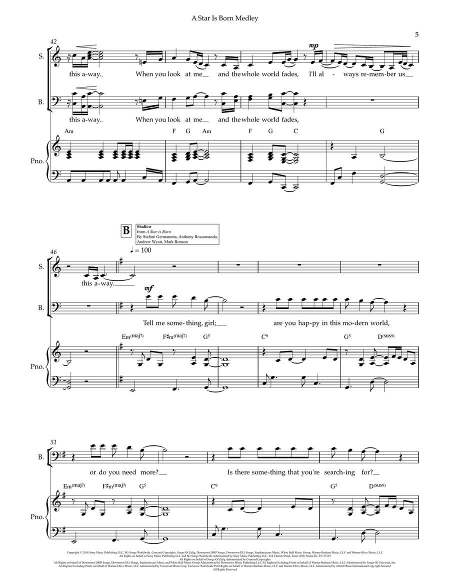 Medley: I'll Never Love Again with Always Remember Us This Way and Shallow 4-Part scores gallery preview page 5