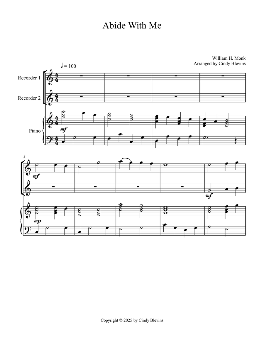 Abide With Me, for Two Recorders and Piano Woodwind Duet scores gallery preview page 2
