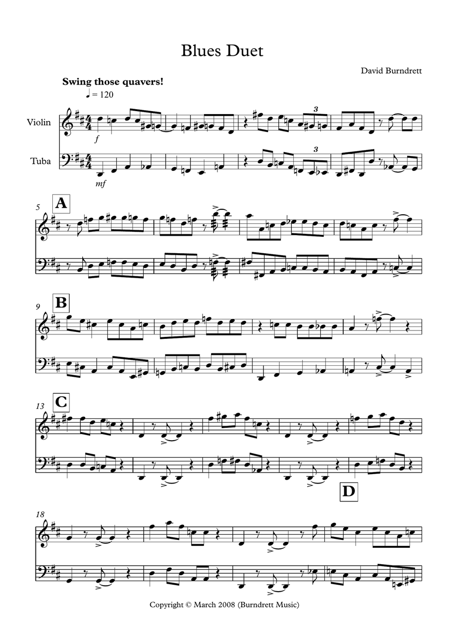 Blues Duet for Violin and Tuba Tuba scores gallery preview page 1