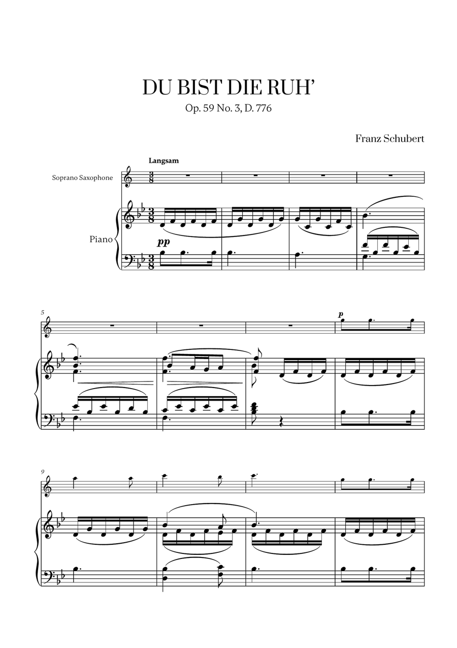 Franz Schubert - Du bist die Ruh (Bb major) for Soprano Saxophone and Piano Soprano Saxophone scores gallery preview page 1