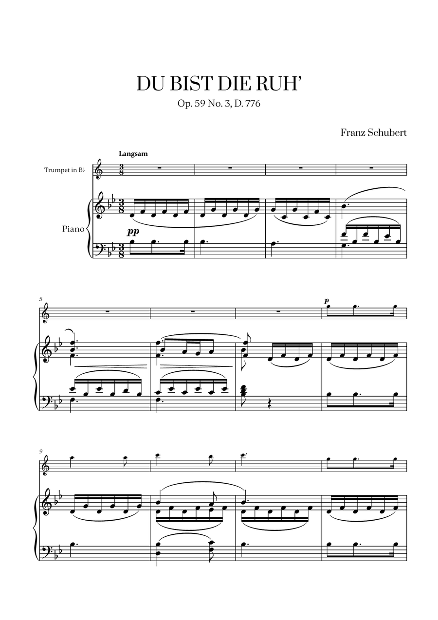 Franz Schubert - Du bist die Ruh (Bb major) for Trumpet in Bb and Piano B-Flat Trumpet scores gallery preview page 1