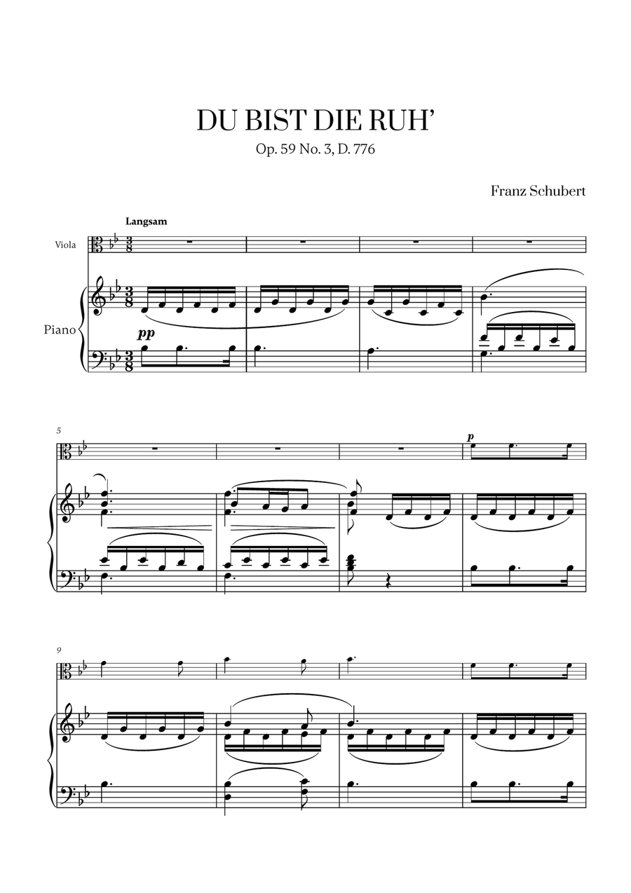 Franz Schubert - Du bist die Ruh (Bb major) for Viola and Piano Piano scores gallery preview page 1