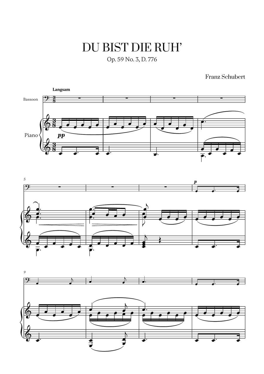 Franz Schubert - Du bist die Ruh (C major) for Bassoon and Piano Bassoon Solo scores gallery preview page 1