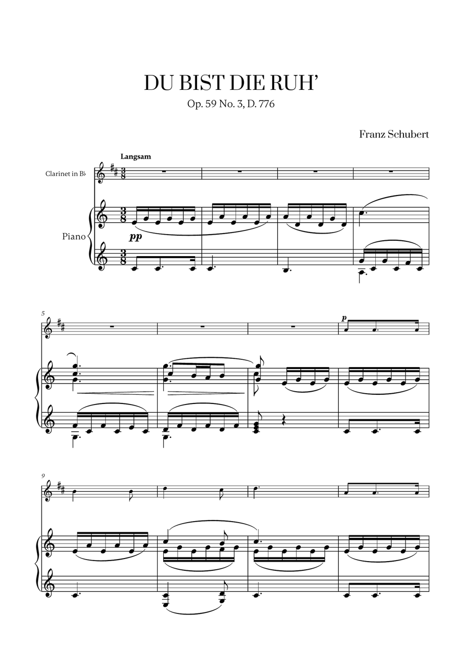 Franz Schubert - Du bist die Ruh (C major) for Clarinet in Bb and Piano B-Flat Clarinet scores gallery preview page 1