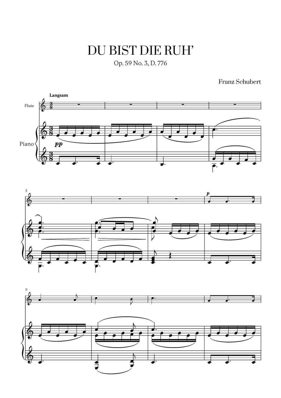 Franz Schubert - Du bist die Ruh (C major) for Flute and Piano Flute Solo scores gallery preview page 1