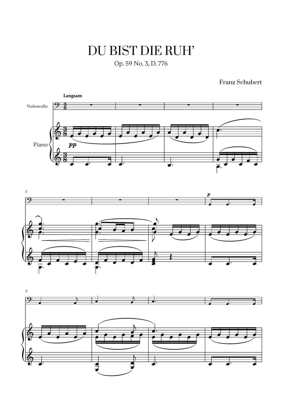 Franz Schubert - Du bist die Ruh (C major) for Cello and Piano Piano scores gallery preview page 1