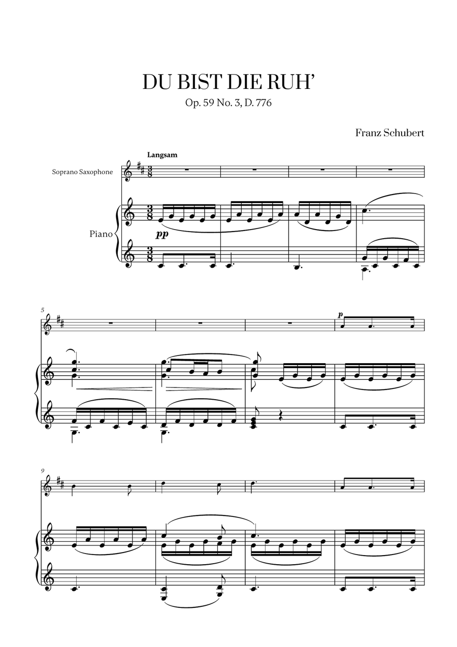 Franz Schubert - Du bist die Ruh (C major) for Soprano Saxophone and Piano Soprano Saxophone scores gallery preview page 1