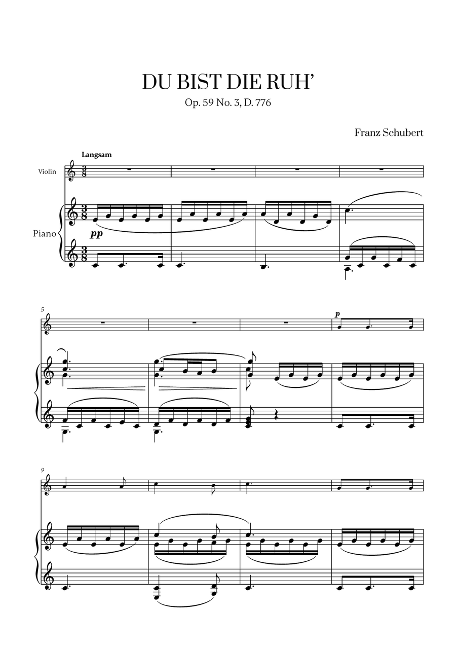 Franz Schubert - Du bist die Ruh (C major) for Violin and Piano Violin Solo scores gallery preview page 1