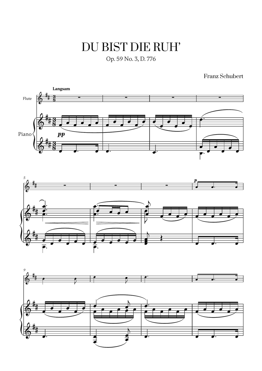Franz Schubert - Du bist die Ruh (D major) for Flute and Piano Flute Solo scores gallery preview page 1