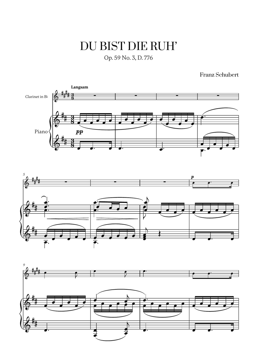 Franz Schubert - Du bist die Ruh (D major) for Clarinet in Bb and Piano B-Flat Clarinet scores gallery preview page 1