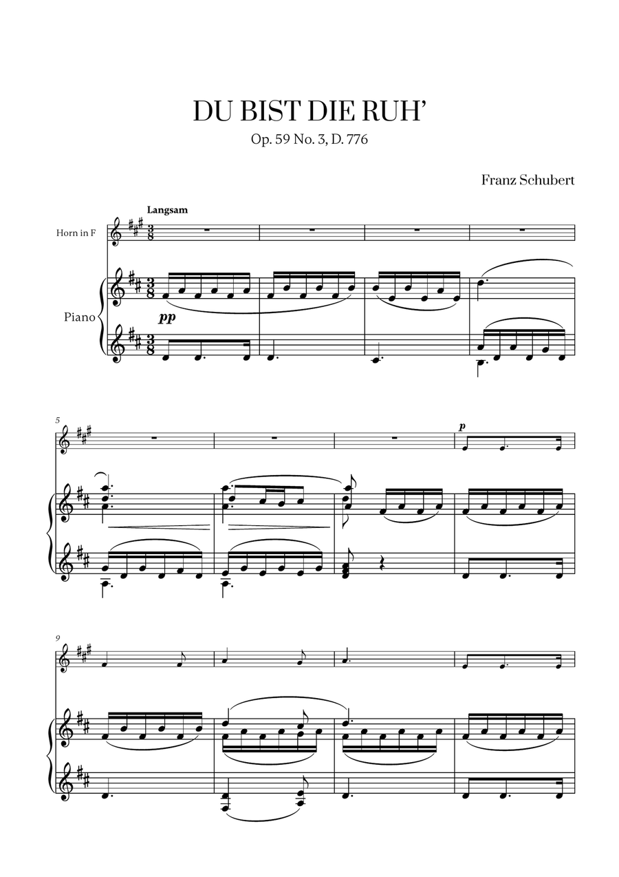 Franz Schubert - Du bist die Ruh (D major) for French Horn and Piano Piano scores gallery preview page 1