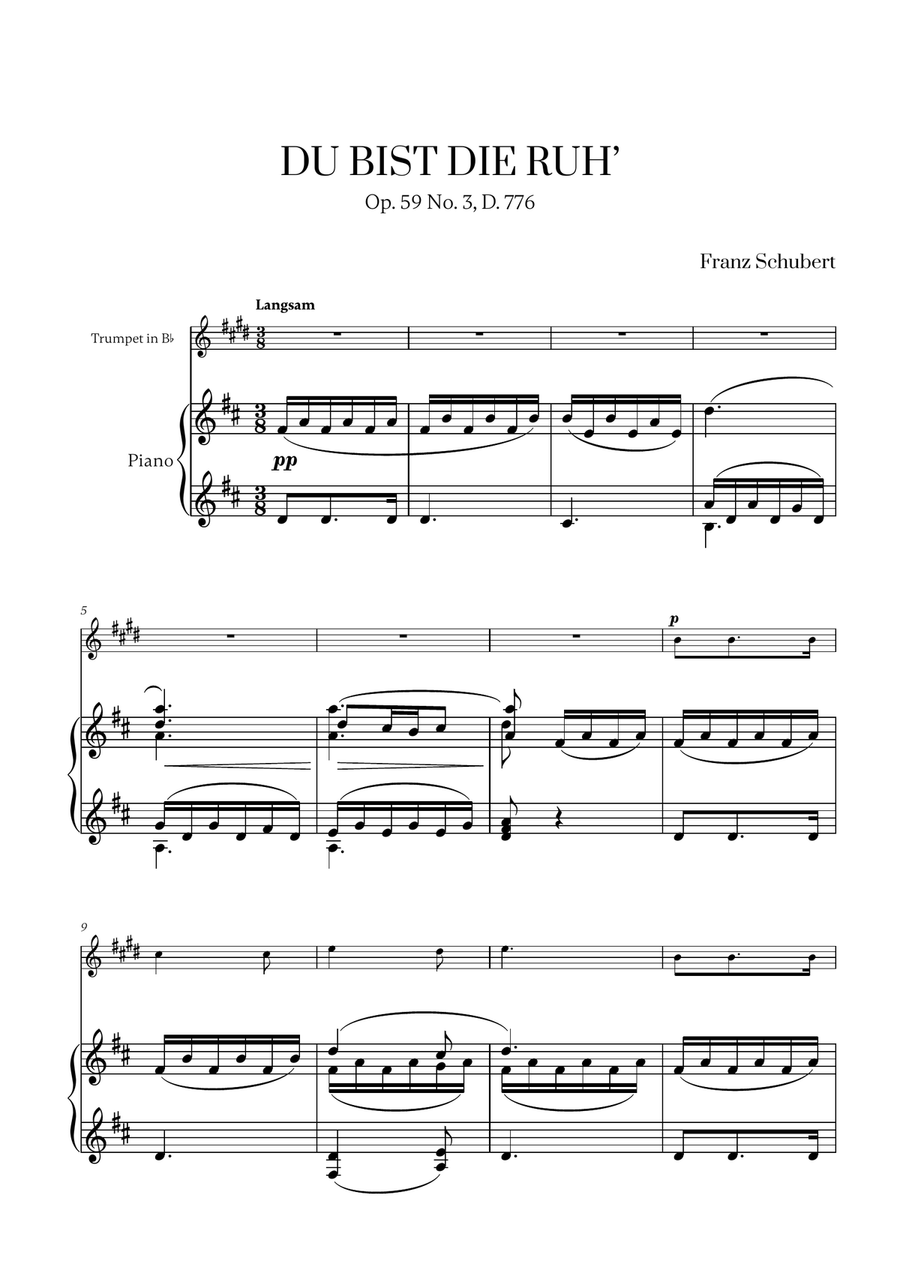 Franz Schubert - Du bist die Ruh (D major) for Trumpet in Bb and Piano B-Flat Trumpet scores gallery preview page 1