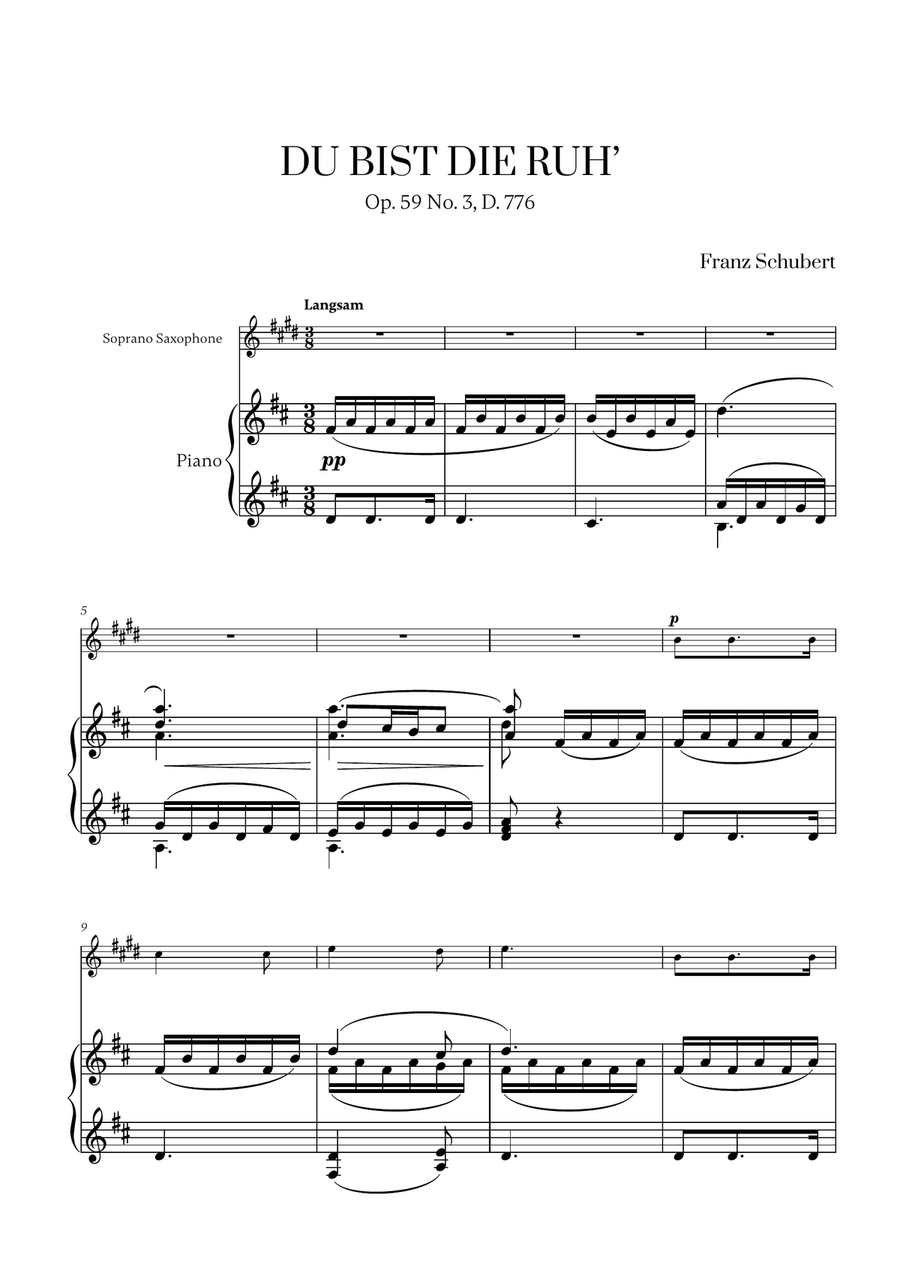 Franz Schubert - Du bist die Ruh (D major) for Soprano Saxophone and Piano Soprano Saxophone scores gallery preview page 1
