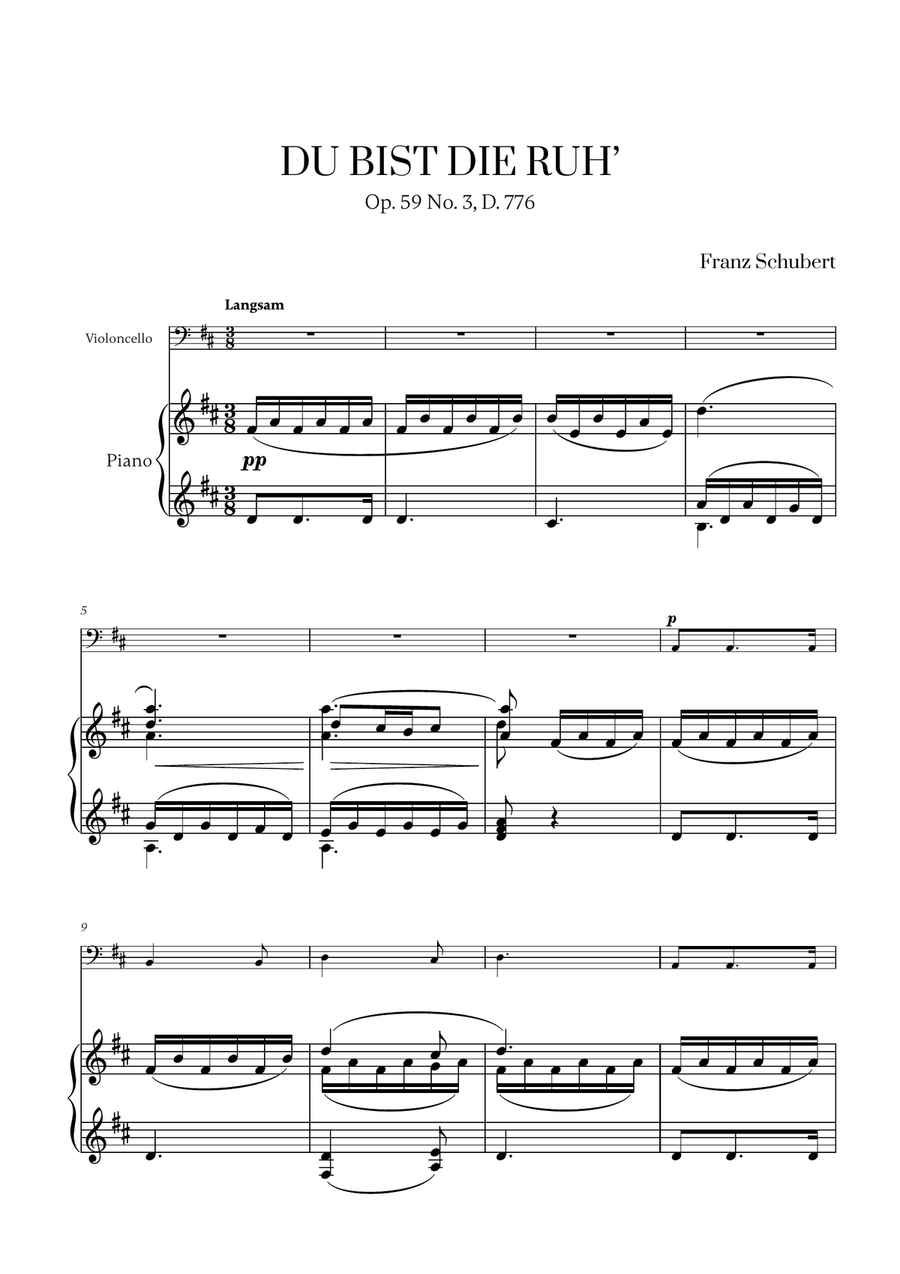 Franz Schubert - Du bist die Ruh (D major) for Cello and Piano Piano scores gallery preview page 1