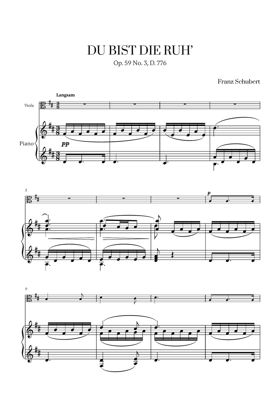 Franz Schubert - Du bist die Ruh (D major) for Viola and Piano Piano scores gallery preview page 1