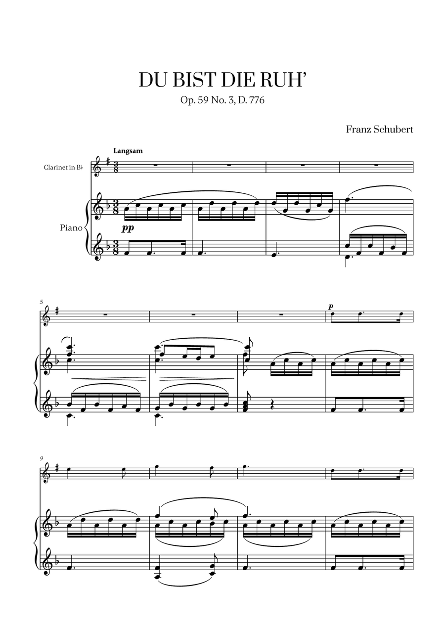 Franz Schubert - Du bist die Ruh (F major) for Clarinet in Bb and Piano B-Flat Clarinet scores gallery preview page 1