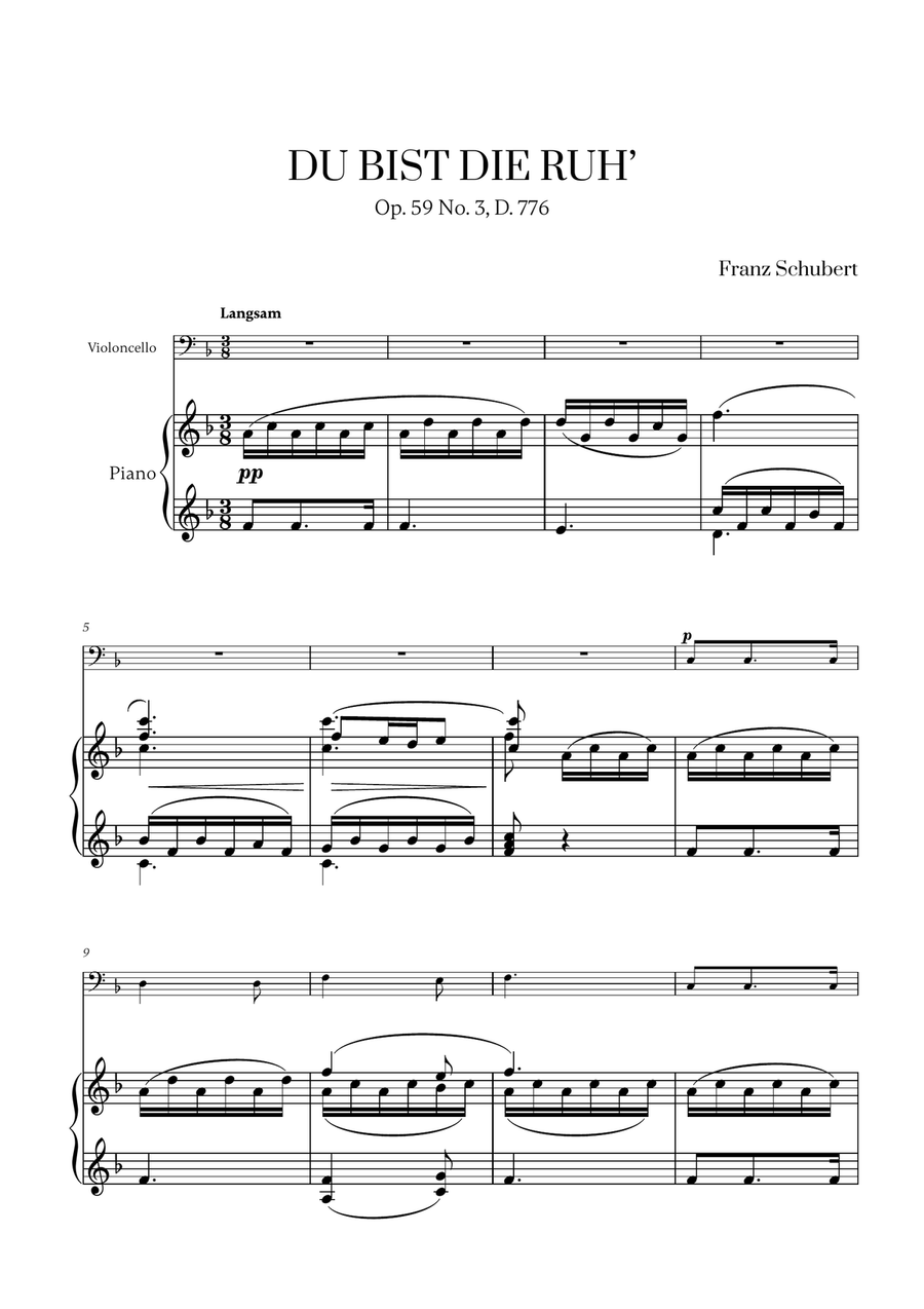 Franz Schubert - Du bist die Ruh (F major) for Cello and Piano Piano scores gallery preview page 1
