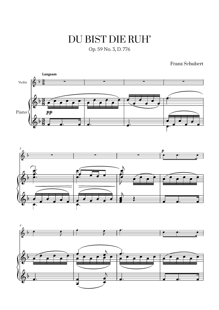 Franz Schubert - Du bist die Ruh (F major) for Violin and Piano Violin Solo scores gallery preview page 1