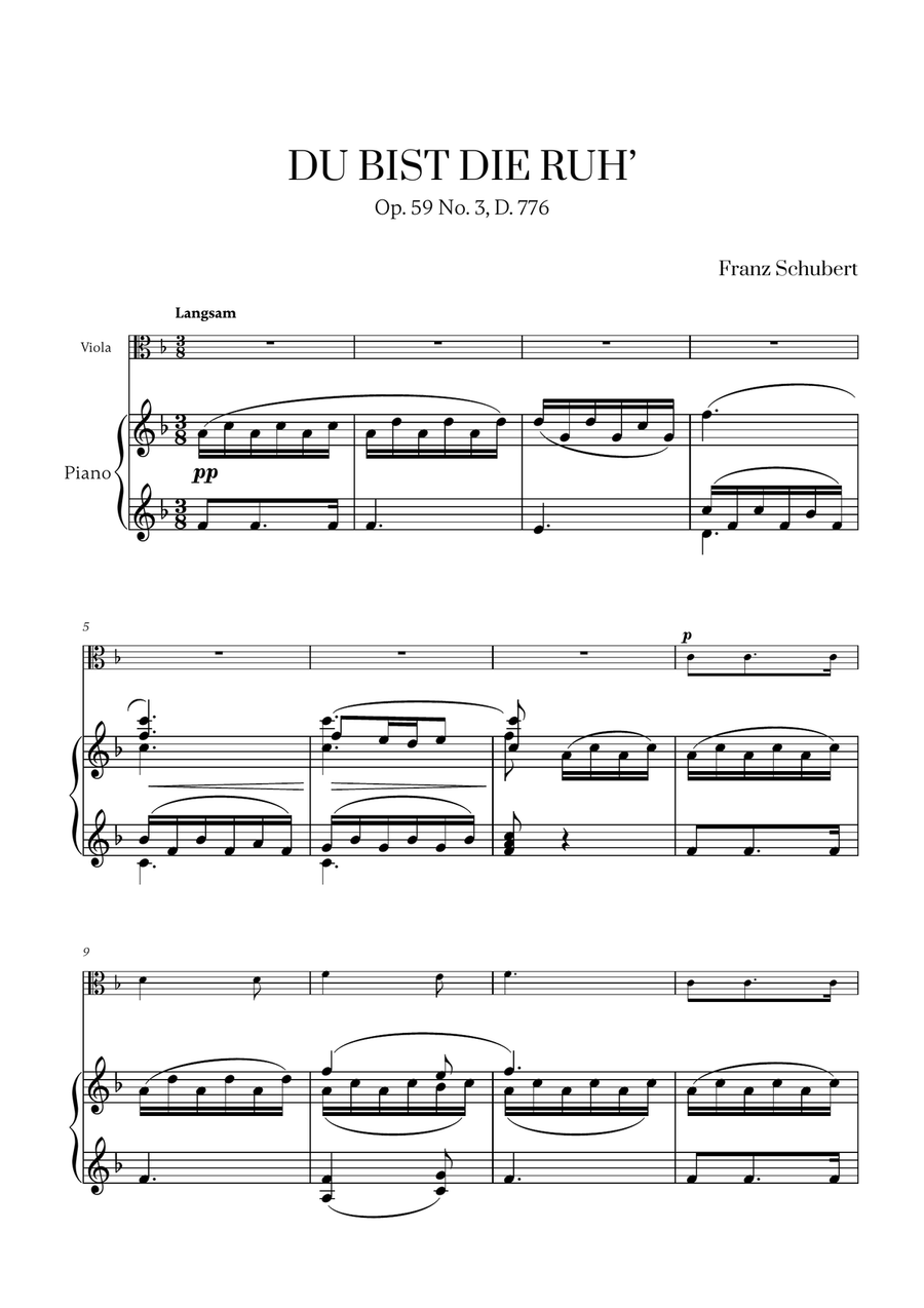 Franz Schubert - Du bist die Ruh (F major) for Viola and Piano Piano scores gallery preview page 1
