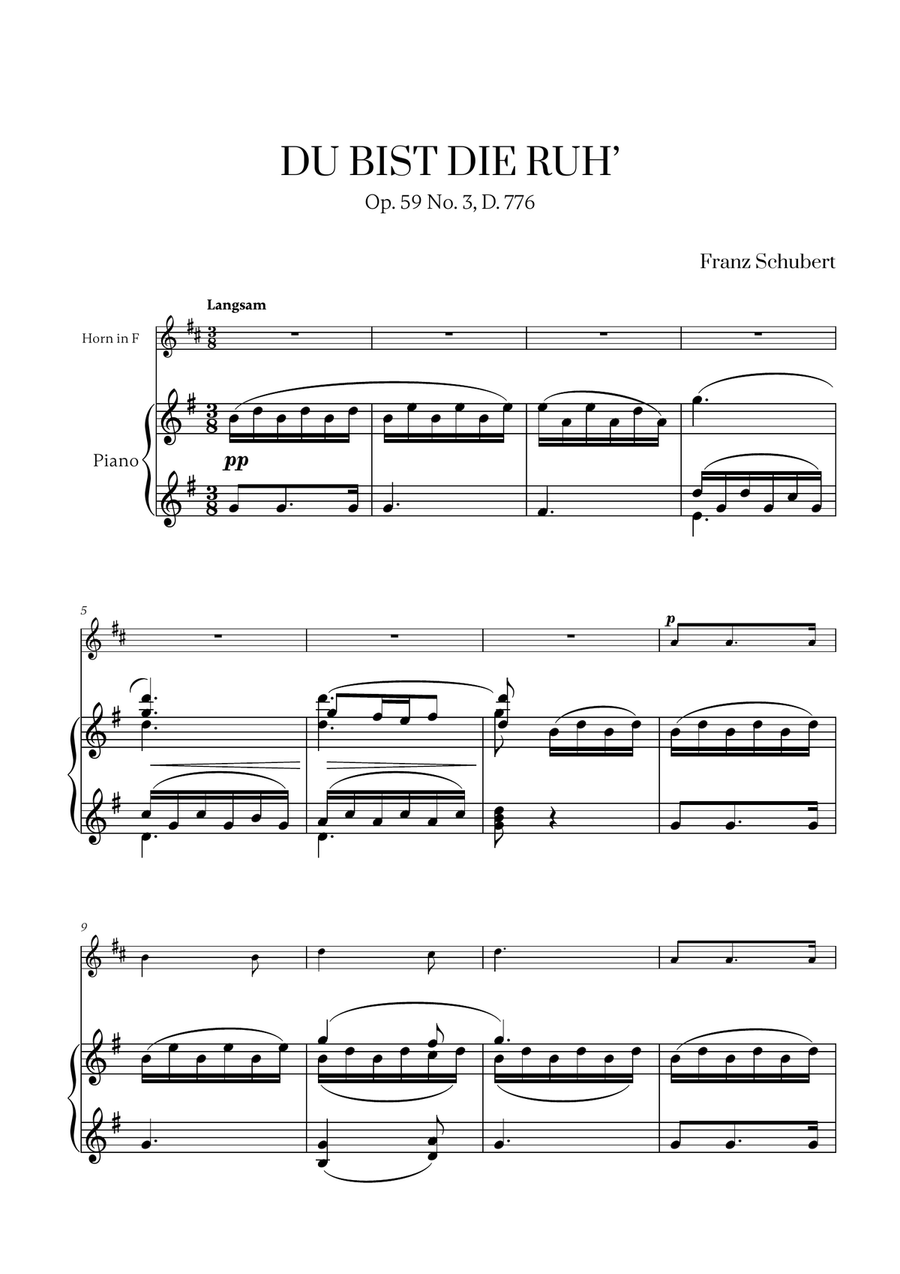 Franz Schubert - Du bist die Ruh (G major) for French Horn and Piano Piano scores gallery preview page 1