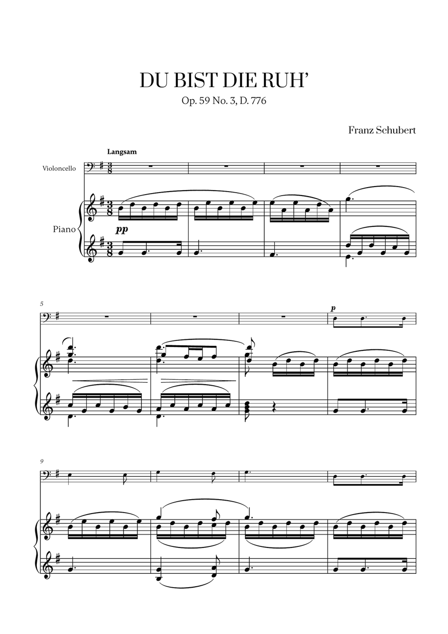 Franz Schubert - Du bist die Ruh (G major) for Cello and Piano Piano scores gallery preview page 1