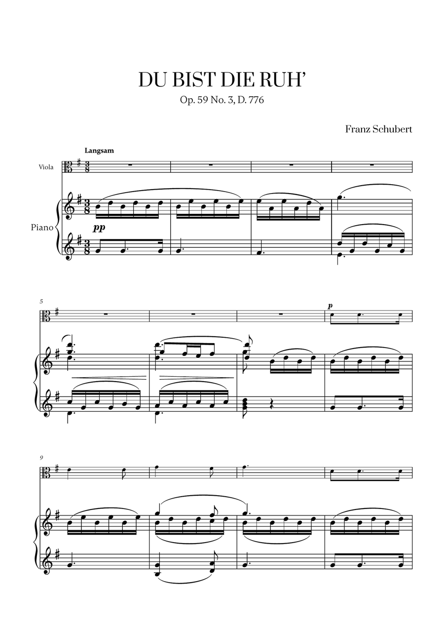 Franz Schubert - Du bist die Ruh (G major) for Viola and Piano Piano scores gallery preview page 1