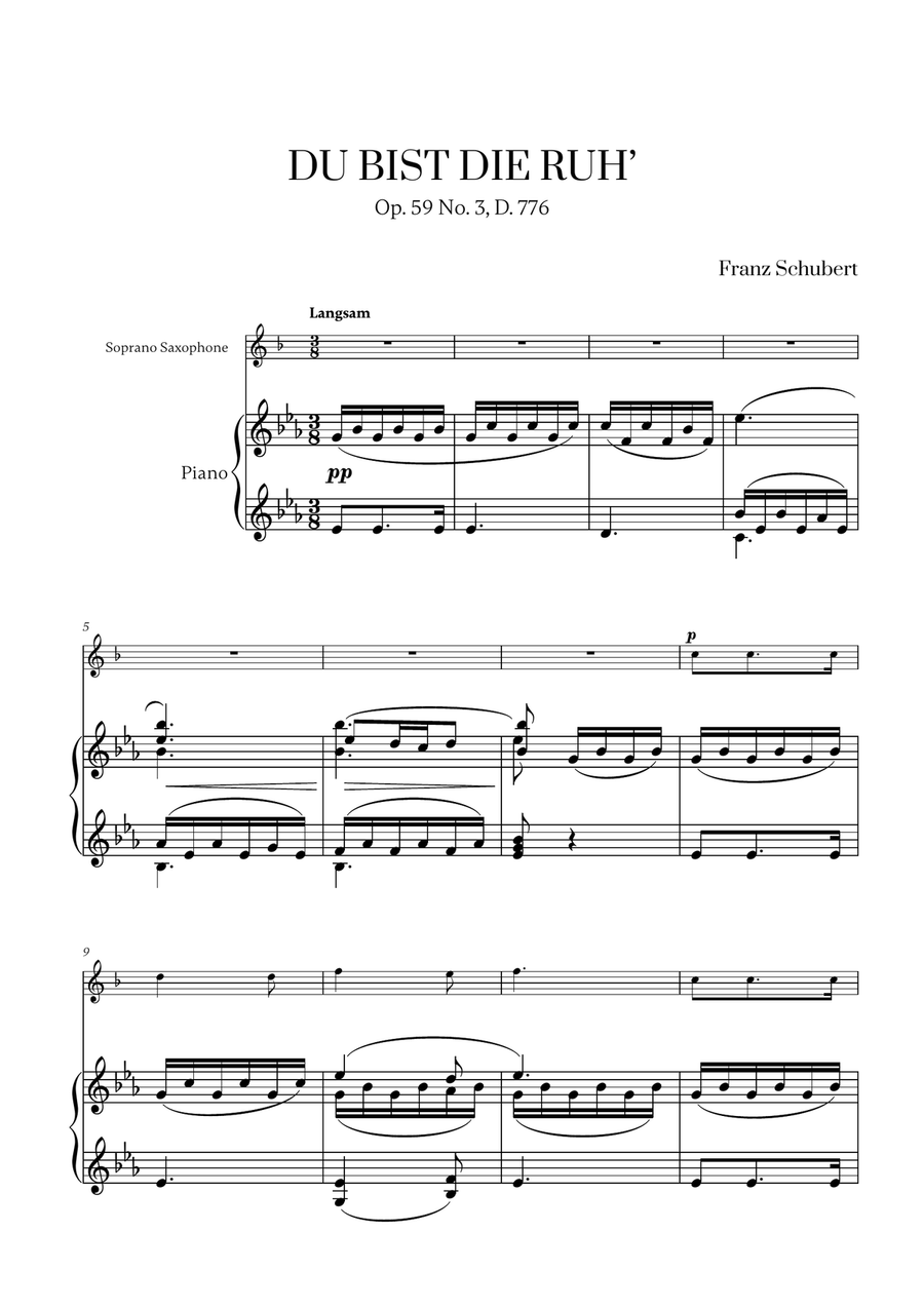 Franz Schubert - Du bist die Ruh for Soprano Saxophone and Piano Soprano Saxophone scores gallery preview page 1