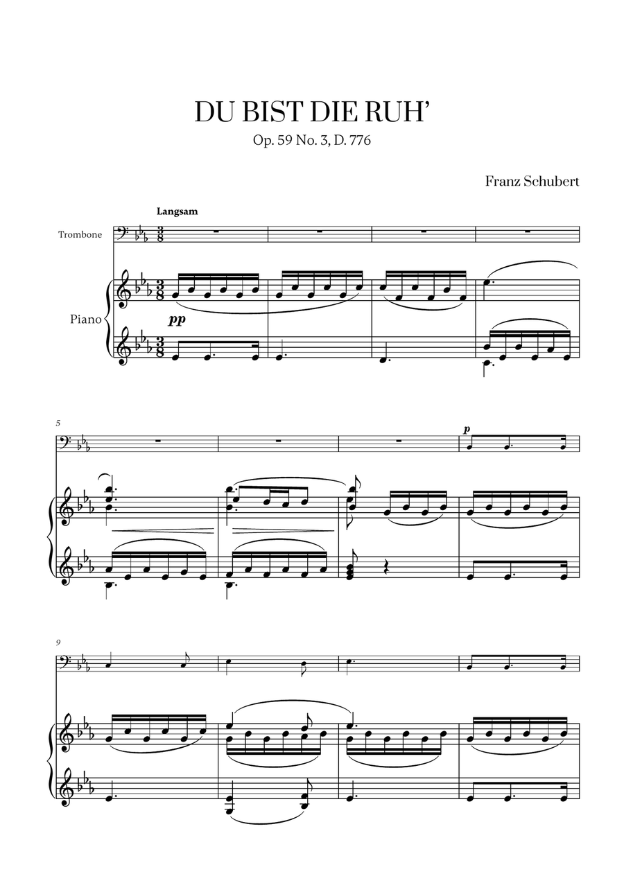 Franz Schubert - Du bist die Ruh for Trombone Solo Piano scores gallery preview page 1