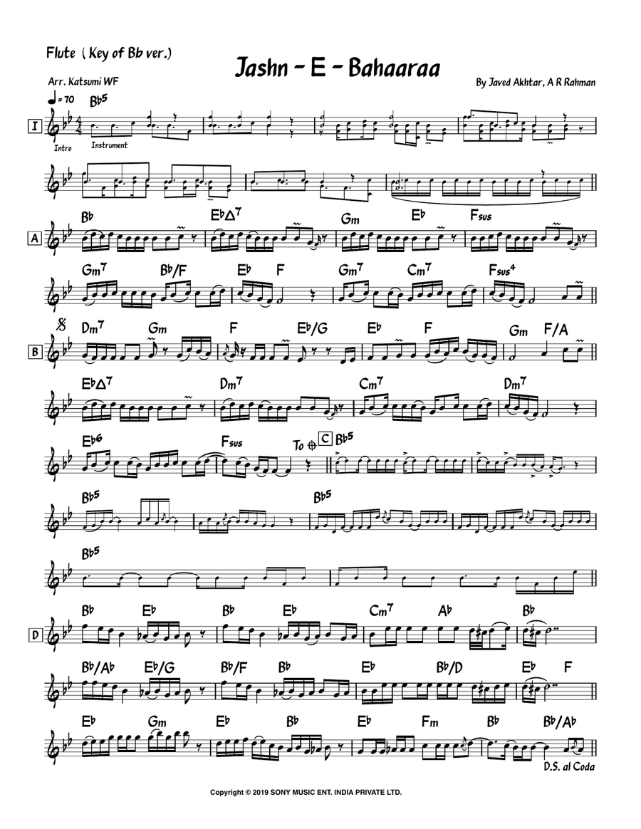 Jashn-E-Bahaaraa Jashn-E-Bahaaraa Flute Solo scores gallery preview page 1
