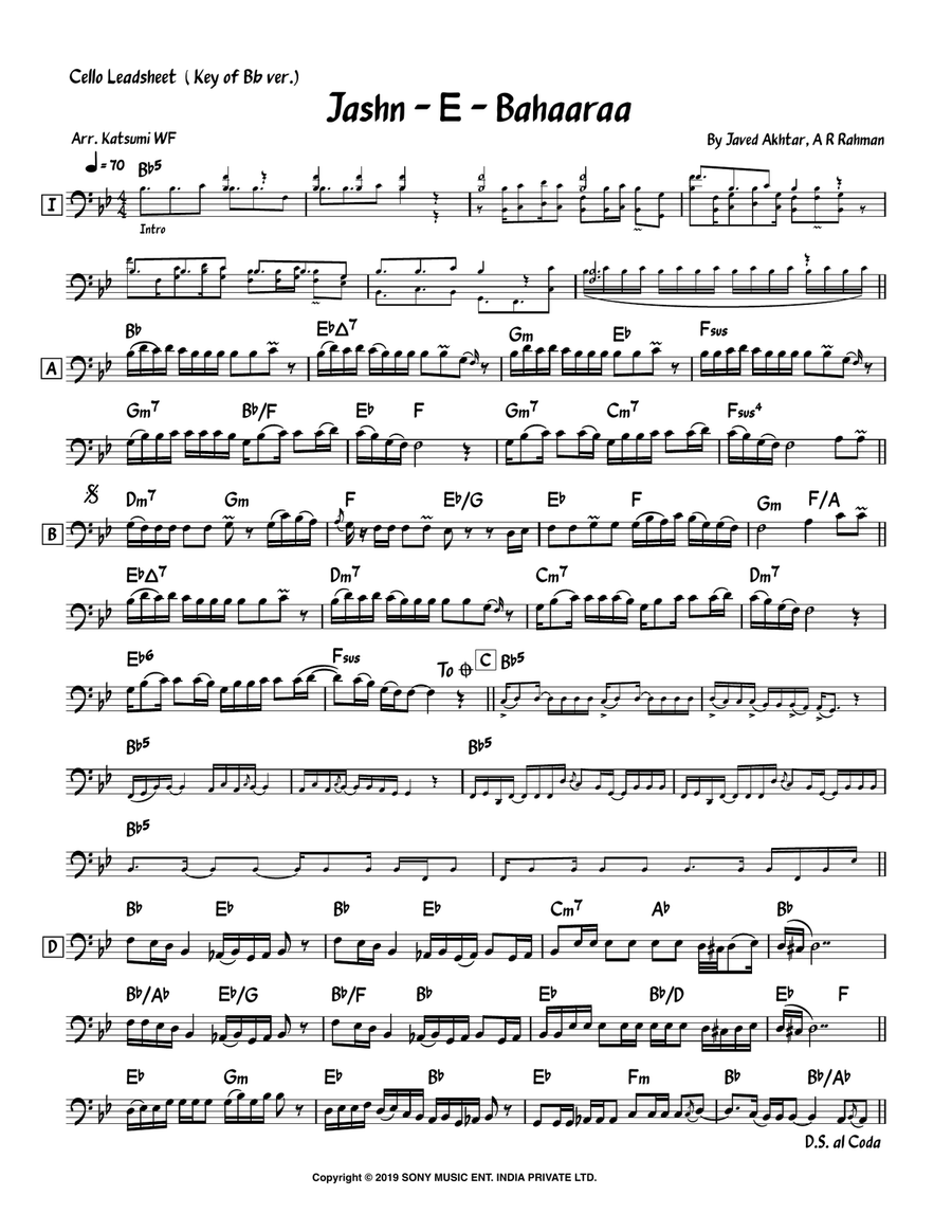 Jashn-E-Bahaaraa Jashn-E-Bahaaraa Cello Solo scores gallery preview page 1