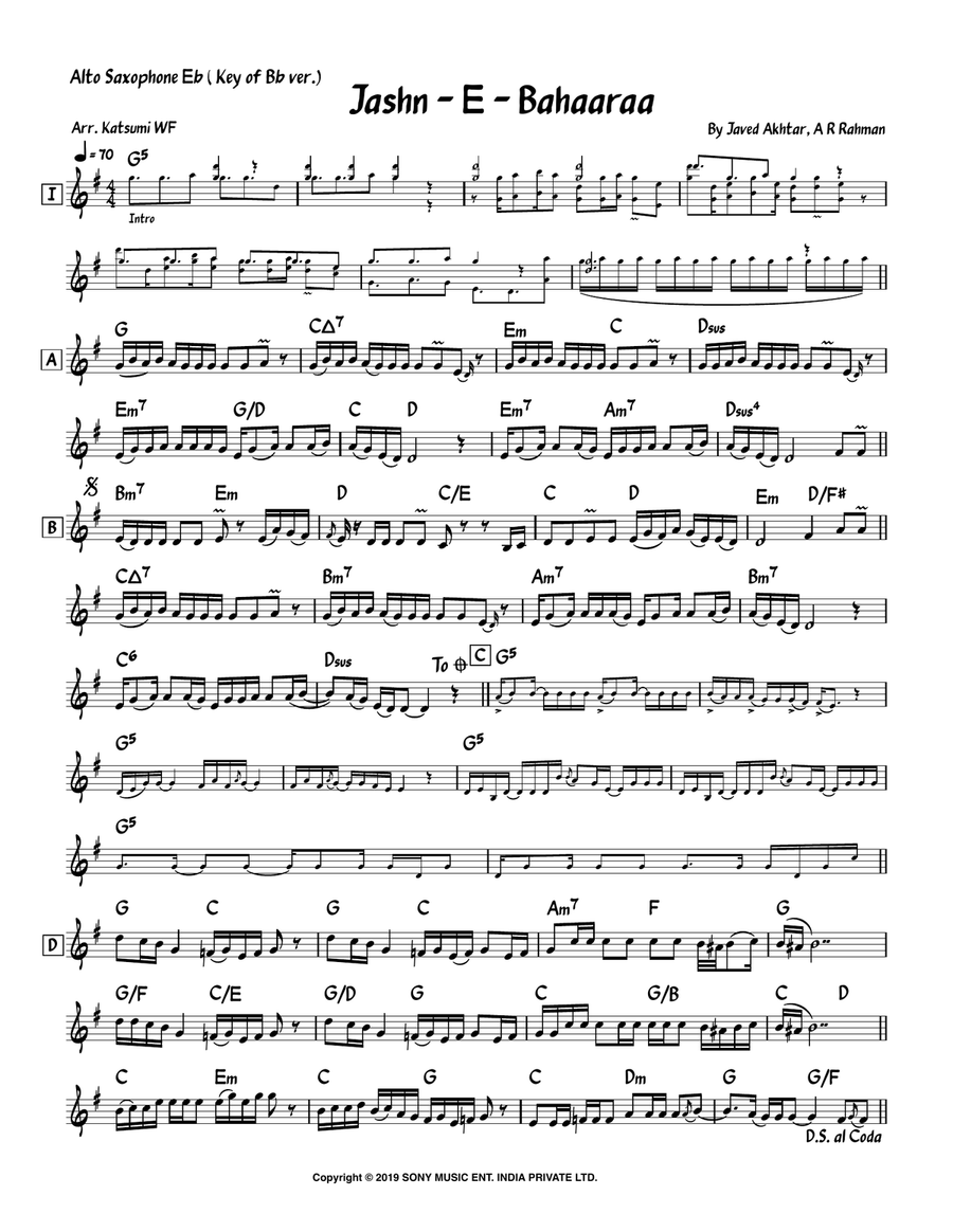 Jashn-E-Bahaaraa Jashn-E-Bahaaraa Alto Saxophone scores gallery preview page 1