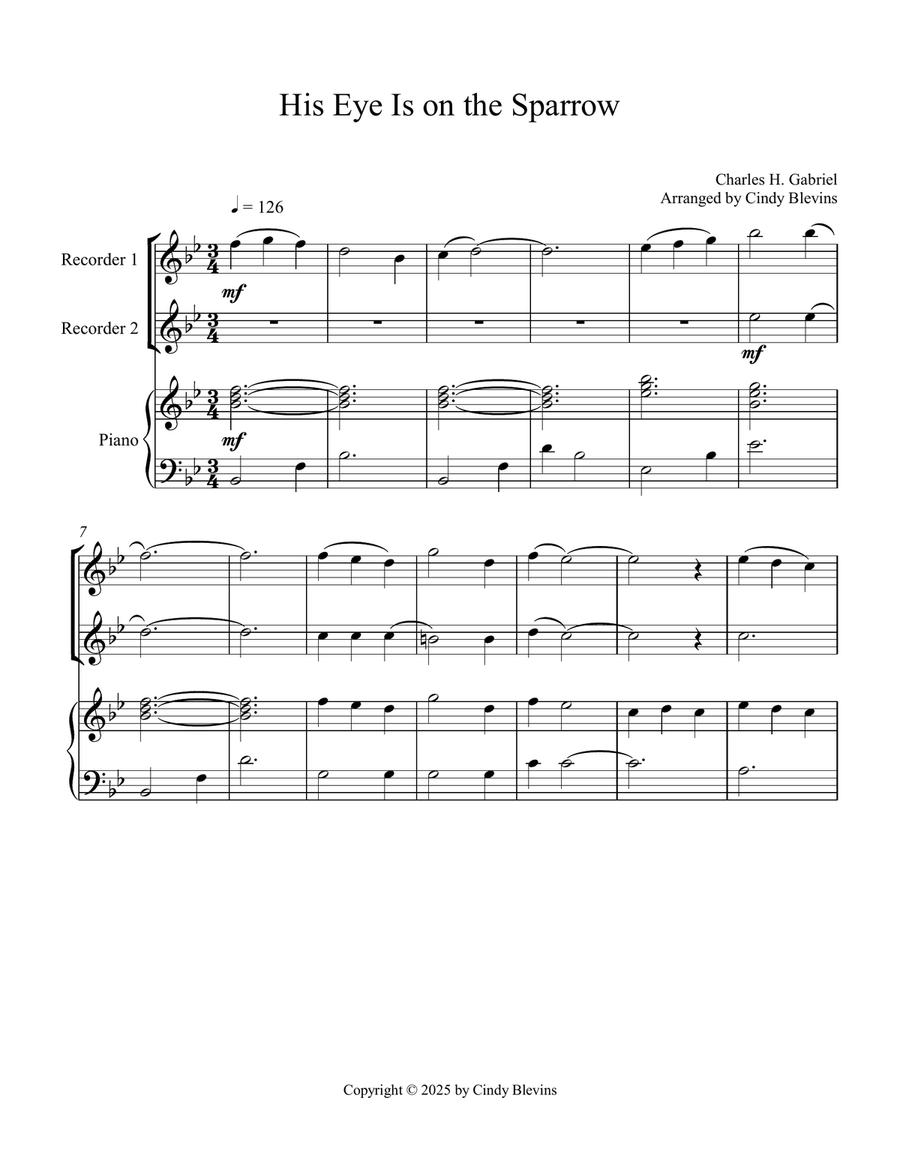 His Eye Is On the Sparrow, for Two Recorders and Piano Woodwind Duet scores gallery preview page 2