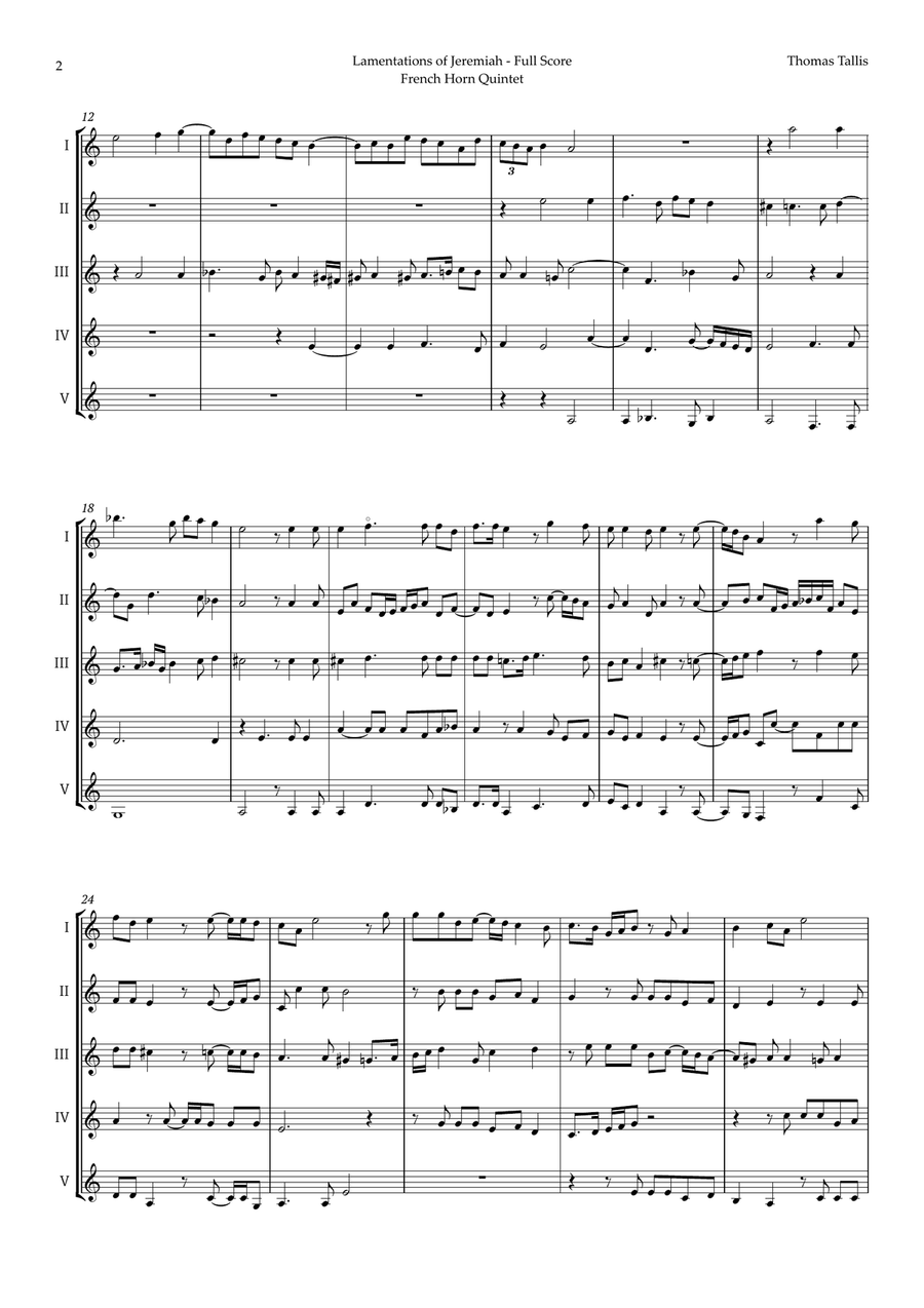Lamentations of Jeremiah by Thomas Tallis for French Horn Quintet Brass Quintet scores gallery preview page 2