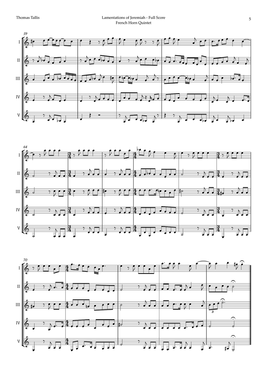 Lamentations of Jeremiah by Thomas Tallis for French Horn Quintet Brass Quintet scores gallery preview page 5