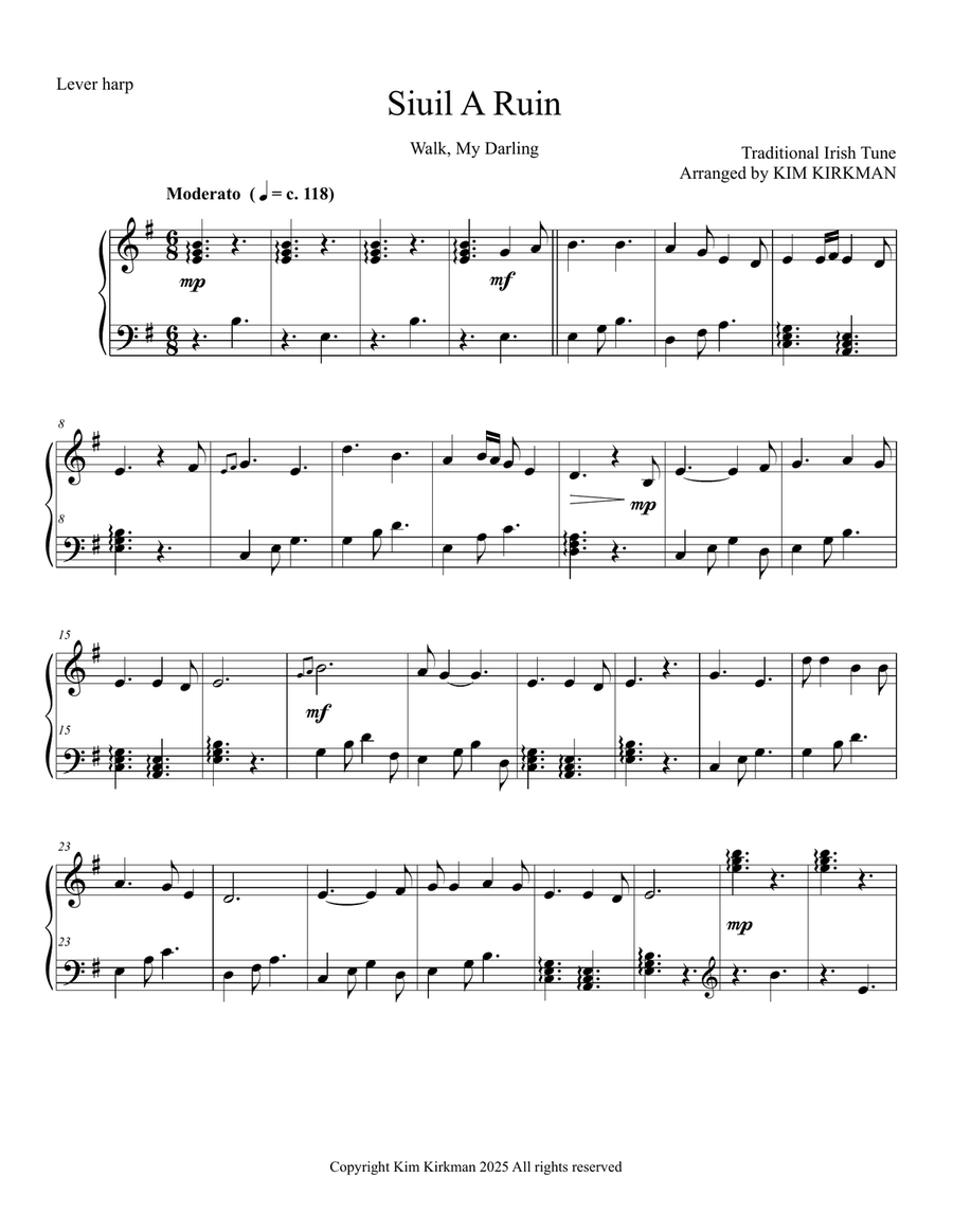 Siuil a Ruin (Walk, My Darling) arranged for lever harp in E min Celtic Harp scores gallery preview page 1